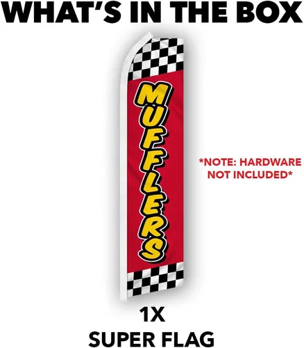 Vista 3 de Mufflers - Bandera publicitaria de Swooper roja y amarilla, perfecta para tiendas de rendimiento, mecánica, reparación de automóviles, tiendas