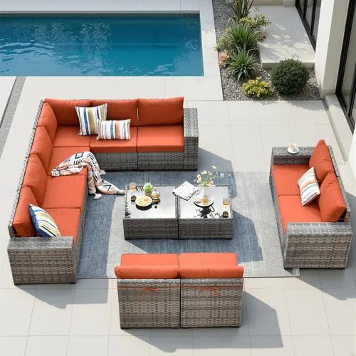 Vista 29 de Juego de muebles de patio de 6 piezas, sofá modular de mimbre para exteriores con mesa auxiliar, cómodos cojines, moderno sofá modular de ratán