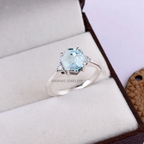 Vista 10 de Anillo de plata de ley 925 para mujer, anillo de diamantes de imitación de aguamarina de plata esterlina, anillo Art Deco de marzo, piedra natal