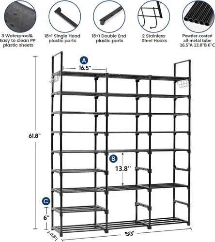 Vista 2 de Mavivegue Zapatero de metal de 9 niveles – Capacidad para 50 – 55 pares, estante de almacenamiento alto para zapatos, botas, entrada, armario, garaje