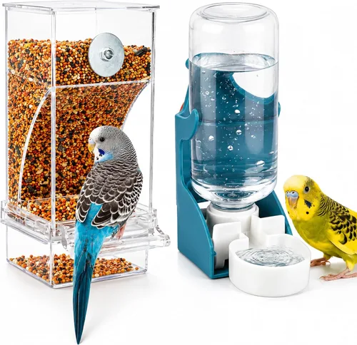Vista 13 de Rypet Juego de dispensador de agua para pájaros sin ensuciar, alimentador automático para pájaros para jaula, contenedor de alimentos transparente