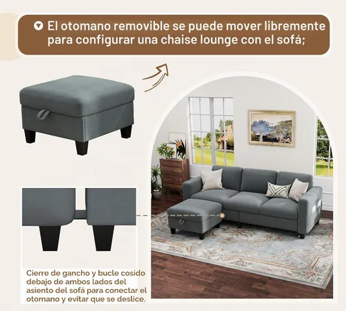 Vista 6 de Sofás modernos de 3 asientos para sala de estar con otomana