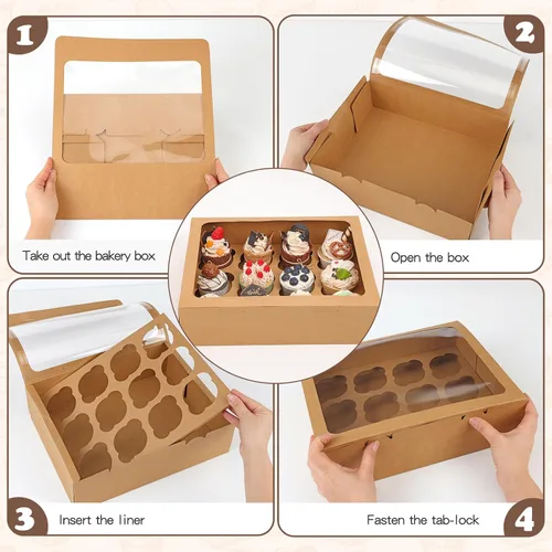 Vista 3 de Moretoes Cajas para cupcakes, 12 unidades, paquete de 7 recipientes desechables para cupcakes con ventana e insertos, suministros de panadería