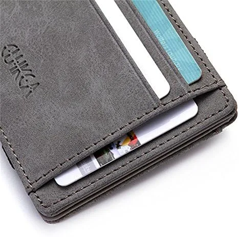 Vista 3 de CoKate - Billeteras mágicas para hombre, billetera de cuero delgada para hombre, bolsillo frontal, tarjetero con clip para dinero (gris), Gris