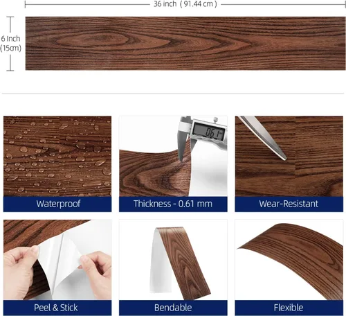Vista 5 de FunStick Azulejos de suelo de madera marrón de 6 x 36 pulgadas, impermeables, de madera de nogal, azulejos de vinilo para despegar y pegar