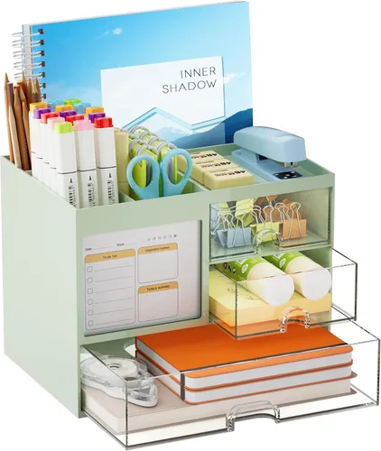 Vista 13 de Marbrasse Organizador de Escritorio con 3 Cajones, Soporte Multifuncional para Lápices y Bolígrafos para Escritorio, Organizador de Escritorio