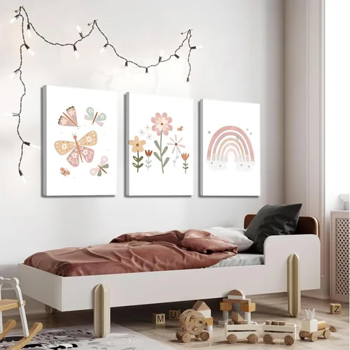 Vista 5 de Lienzo bohemio rosa para cuarto de bebé, arte de pared para habitación de niños, decoración de pared, diseño de flores de mariposa para niños