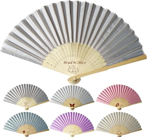 Vista 9 de Abanicos de mano personalizados a granel ventiladores de seda personalizados con grabado en el mango, regalos de fiesta, abanicos plegables vienen