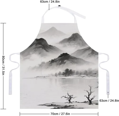 Vista 2 de MUSM Apron for Adults - 27.6 X 31.5 Inch, Heavy-Duty Polyester Aprons with Two Large Pockets, Waterproof Ink Painting Landscape Kitchen Apron for