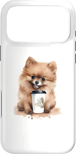Vista 22 de iPhone 16 Pomerania perro con café estilo acuarela caso