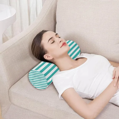 Vista 5 de Almohada redonda con funda a rayas, color azul y blanco, almohada cervical, almohada cervical, soporte de cuello de espuma viscoelástica para dormir