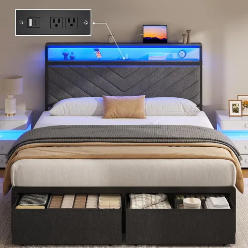 Vista 7 de Fluest Base de cama Queen con 2 cajones, cabecera tapizada con estación de almacenamiento y carga, luces LED, cajones de tela con ruedas, Gris