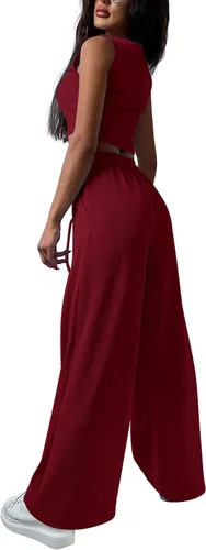 Vista 2 de PRETTYGARDEN Trajes de 3 piezas para mujer, conjuntos a juego, cárdigan de punto acanalado, camisetas sin mangas, pantalones de pierna ancha