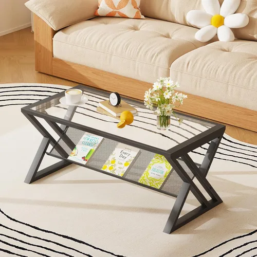 Vista 13 de Wolawu - Mesa de café para sala de estar, mesa central negra, mesa de té rectangular moderna y simple de mármol falso con marco de metal acabado
