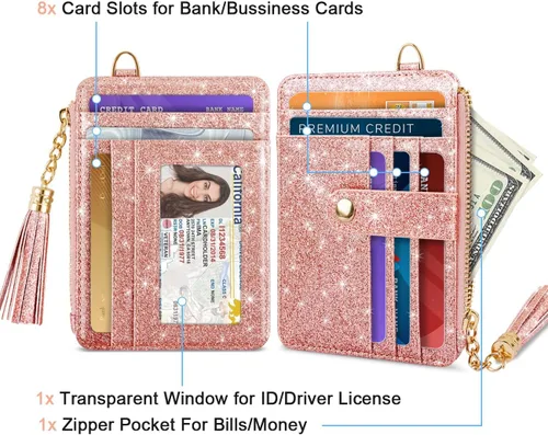 Vista 3 de Cartera delgada RFID para tarjetas de crédito pequeña y bonita cartera para mujeres con bolsillo con cremallera y llavero, Escarcha Oro rosa, Piel