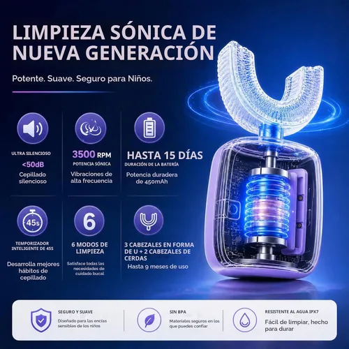 Vista 2 de Cepillo de dientes eléctrico en forma de U para niños, sirena, de 2 a 7 años Maglev Motor Sonic - Limpieza de boca completa con 5 cabezales