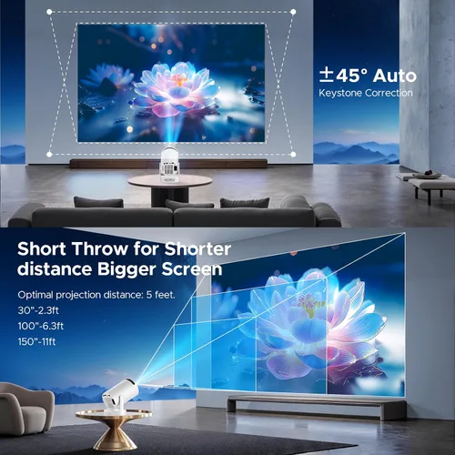 Vista 8 de Mini proyector con WiFi y Bluetooth, proyector de película portátil inteligente compatible con 4K, 300 ANSI, altavoz base de 5 W, rotación de 220°
