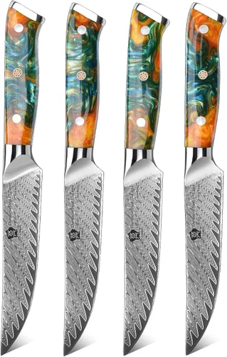 Vista 8 de WILDMOK Juego de cuchillos para carne, 4 piezas de espiga completa de 5 pulgadas, cuchillos de cena de acero de Damasco forjado de espiga completa