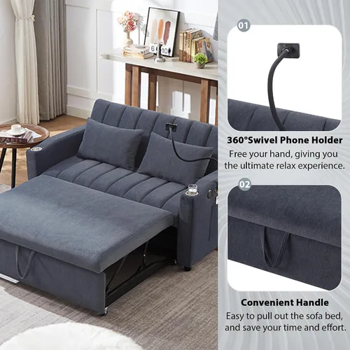 Vista 5 de LUMISOL Sofá cama convertible 3 en 1 de 55.9 pulgadas con puertos USB, portavasos, soporte giratorio y bolsillos de almacenamiento, sofá cama Gris