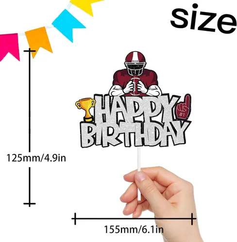 Vista 4 de Decoración para cupcakes de postre con purpurina roja, 6 unidades, para un jugador de fútbol, decoración de trofeo, decoración temática deportiva