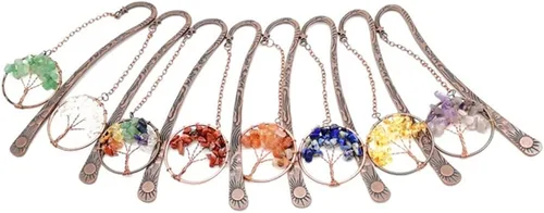 Vista 2 de Marcapáginas de metal con diseño de árbol de la vida, 7 chakras, ágata roja, piedras caídas, marcapáginas