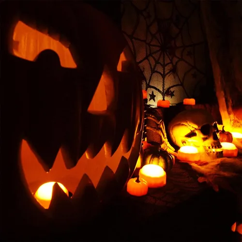 Vista 2 de Homemory Luces LED brillantes de calabaza de Halloween con control remoto y temporizador, luces de linterna Jack O' funciona con pilas para Naranja