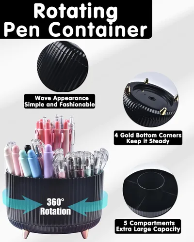Vista 2 de Accesorios de escritorio negros, suministros de oficina, organizador de escritorio con soporte para bolígrafos de 360°, con dispensador de cinta