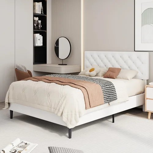 Vista 3 de BarnFurin Marco de cama tamaño completo con cabecero, cama de plataforma tapizada con cabecero acolchado con botones ajustables, marco de cama