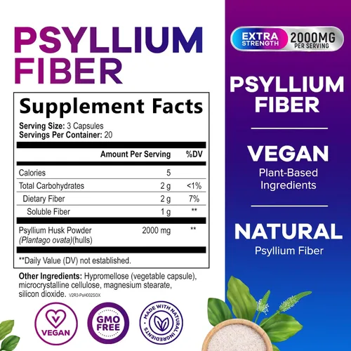 Vista 2 de Cápsulas de cáscara de psyllium – Polvo de cáscara de psyllium premium de 2000 mg por porción suplemento – Píldoras de fibra soluble natural – Apoya