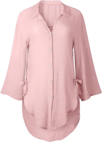 Vista 73 de Camisas de manga larga con botones para mujer, asimétricas, casuales, con cordones, túnica de gran