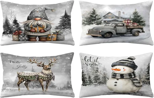 Vista 27 de Fundas de Almohada Feliz Navidad 12x12 Juego de 4 Fundas de Almohada de Terciopelo de Navidad Rosa Navidad Invierno Vacaciones Fundas de Almohada
