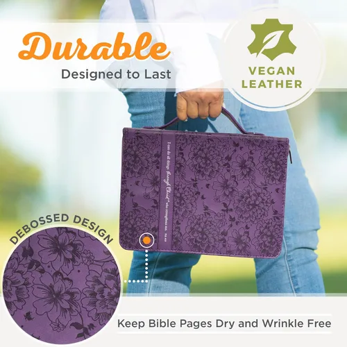 Vista 3 de Christian Art Gifts Funda para Biblia de moda para mujer, diseño de filipenses 4:13, piel sintética floral púrpura (mediana)