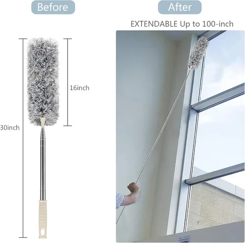 Vista 4 de Plumero de microfibra con poste de extensión (acero inoxidable) de 30 a 100 pulgadas, con cabezal flexible, plumero largo extensible para limpieza