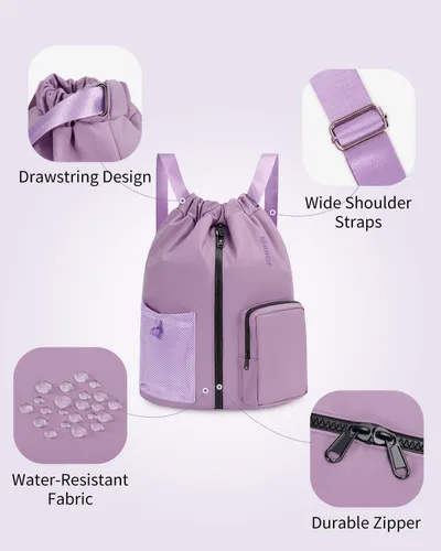 Vista 6 de WANDF Mochila deportiva con cordón y compartimento para zapatos, resistente al agua, bolsa de natación para mujeres y hombres (morado lila)