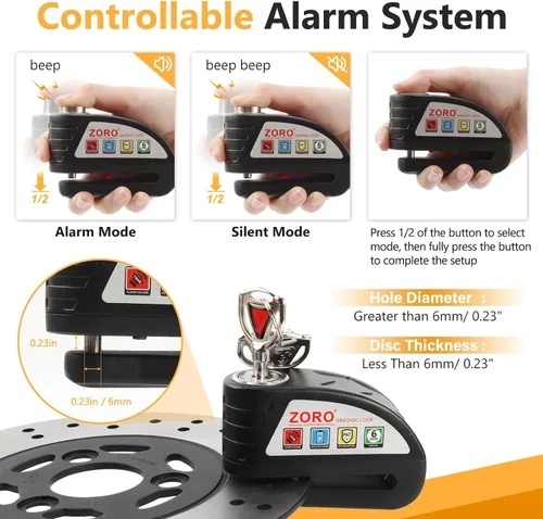 Vista 5 de Cerradura del freno de disco de la motocicleta con la alarma 130dB, cerradura de seguridad antirrobo IP65 Waterproof, Heavy-Duty Metal