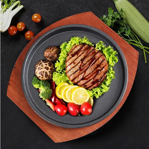 Vista 3 de Plato de fajita de hierro fundido, sartén para sartén, plato para carne, sartén para parrilla (9 pulgadas con base)
