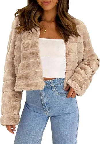 Vista 7 de Allegra K Abrigo chaqueta de piel sintética para mujer de manga larga recortado esponjoso sin cuello casual cálido de invierno ropa exterior
