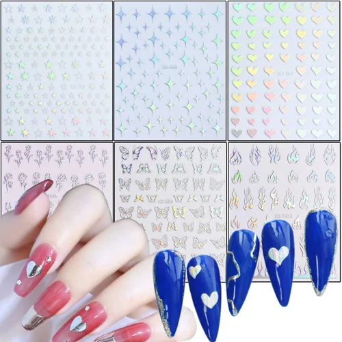 Vista 11 de Calcomanías doradas para arte de uñas, relojes, flores, hojas, mariposas, amor, corazón, estrellas, ala, calcomanías autoadhesivas para uñas