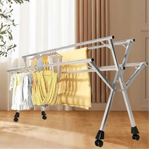 Vista 3 de Space-Saving Laundry Drying Rack Foldable, Heavy-Duty Stainless Steel Clothes Dryer with Rolling Wheels, Multi-Layer Frame (63in 63in)