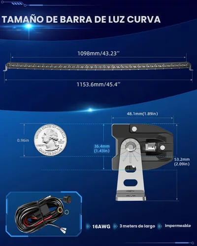Vista 5 de CO LIGHT Barra de luz LED curvada de una fila de 44 pulgadas Lente de proyector 6D Haz combinado de punto e inundación Luz de conducción