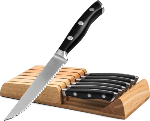 Vista 15 de Alata Juego de cuchillos para carne de 8 piezas, 4.7 pulgadas con borde dentado, cuchillos afilados para cena, construcción de espiga completa Negro