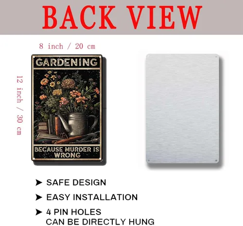 Vista 7 de YLUYINOM Letrero de metal de hojalata para jardín, jardín, porque el asesinato está mal, regalo para amantes de la jardinería, decoración de pared