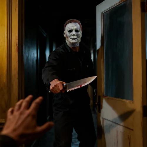Vista 6 de Máscara de Michael Myers para adultos, máscara aterradora de Halloween, cara de terror para Halloween, mascarada, cosplay, fiesta, disfraz de miedo