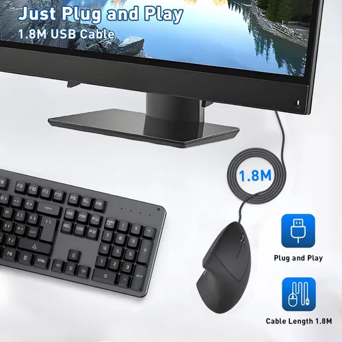 Vista 4 de Ratón ergonómico con cable, mouse vertical con cable USB con 800/1200/1600 DPI ajustable, 6 botones ergonómico para portátil/PC/escritorio, negro