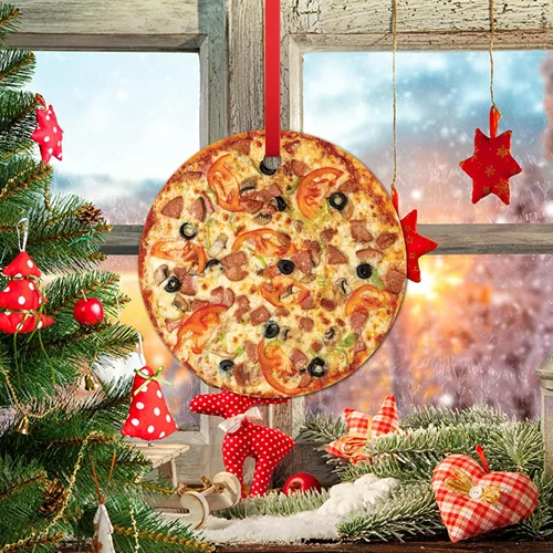 Vista 8 de Decoración de árbol de Navidad de pizza crujiente mixta adorno de Navidad Tomates Salami y Aceitunas Pizza Colgante Adorno de Navidad Adorno