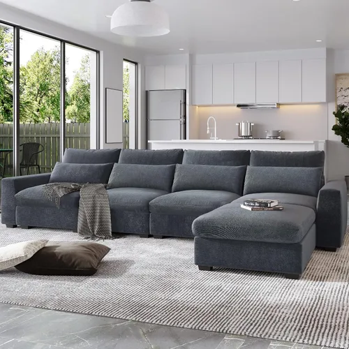 Vista 10 de JIVOIT Sofá cama moderno en forma de L con dos almohadas de respaldo, sofá cama modular de 124.8 pulgadas con cama extraíble, sofá modular Beige 052