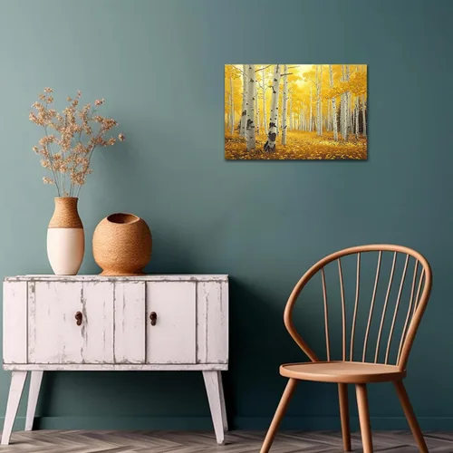 Vista 3 de UZMKM Lienzo decorativo de abedul para pared, pintura de bosque otoñal, imagen panorámica de paisaje, vista de la naturaleza amarilla, obra de arte
