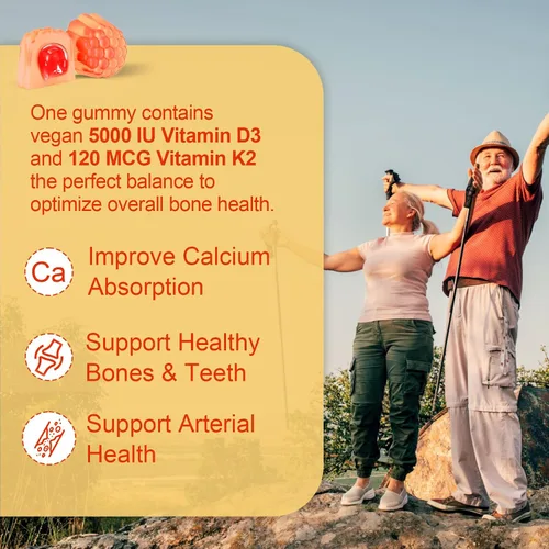Vista 3 de Vitamina D3 5000IU + K2 (MK-7) 120mcg, sin azúcar GLP-1 amigable con vitamina D3 K2 gomitas con complejo de vitamina B -metilo B12, B9, B6 Vit E