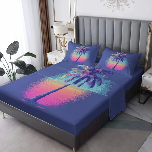 Vista 7 de Juego de sábanas de 3 piezas con diseño de palmera de hojas verdes, sábanas y fundas de almohada estampadas, sábana bajera ajustable de microfibra