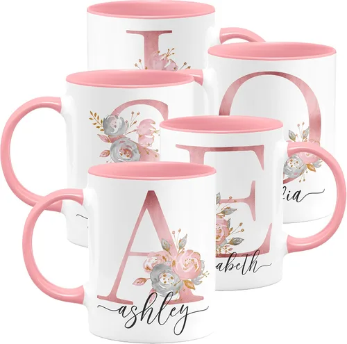 Vista 3 de Taza de café personalizada, regalo para mujeres, taza de café personalizada con nombre e inicial, 11 onzas, rosa, taza de cerámica personalizada